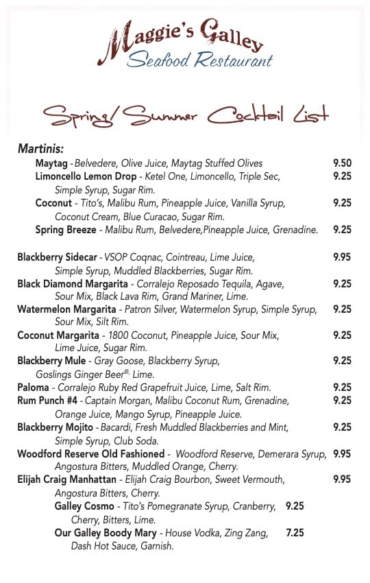 Menu Seafood Restaurant Waynesville NC  Drink Dessert Cards 1 Maggies Galley