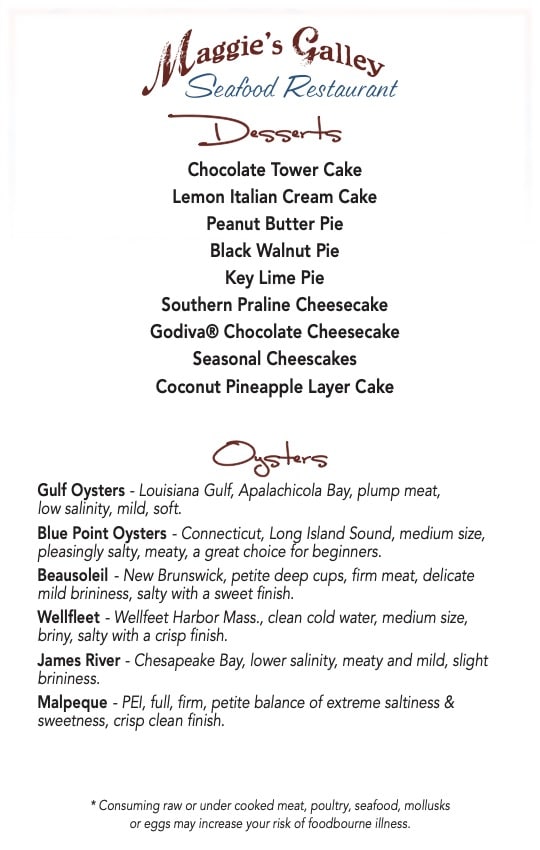 Menu Seafood Restaurant Waynesville NC  Drink Dessert Cards page 4 Maggies Galley